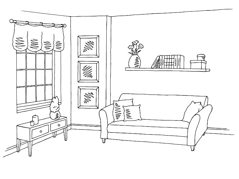 草图,绘画插图,起居室,白色,室内,矢量,黑色,插画,书架