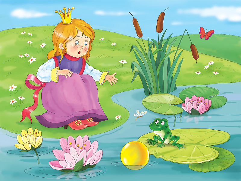 卡通,儿童,可爱的,页,绘画插图,童话故事,幽默,青蛙王子,公主,王子