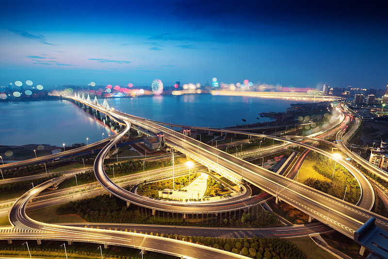 立交桥,上海,黄昏,高架道路,轮廓跟踪,铁路枢纽,高架桥,未来,水平画幅,分离
