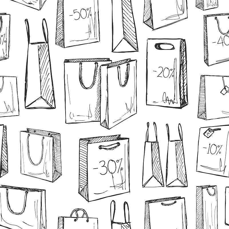 购物袋,草图,绘画插图,矢量,时尚,四方连续纹样,纸袋,百分比号,曲别针,礼物