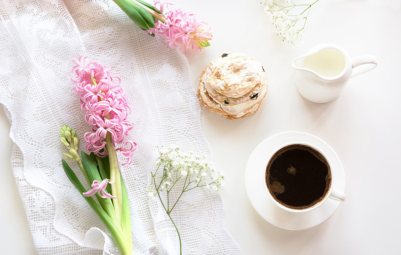 奶壶,风信子,蛋糕,早晨,早餐,浪漫,粉色,咖啡杯,装饰物,弹簧