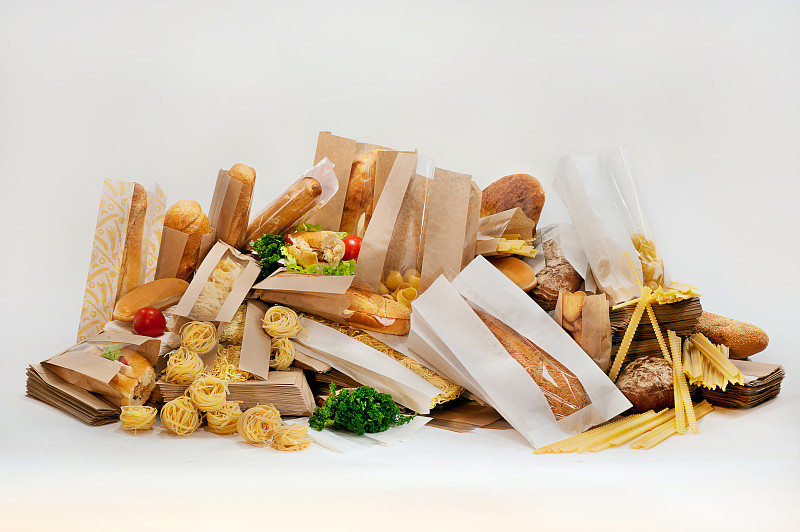 纸袋,法式长棍面包,纸,长面包,饼干,意大利面,蔬菜,静物,沙拉,包装