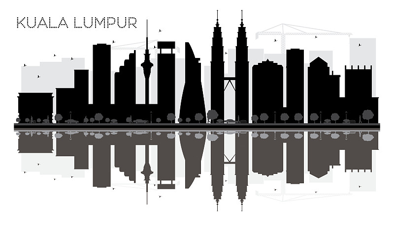 吉隆坡,城市天际线,黑白图片,双胞胎,清真寺,拱门,出租车,天空,新的,水平画幅