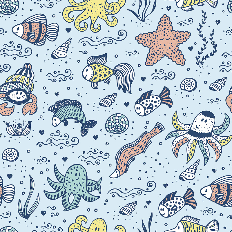 海星,章鱼,四方连续纹样,螃蟹,鱼类,矢量,乱画,可爱的,海洋生命,多样