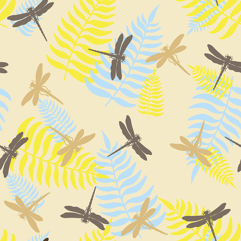 蜻蜓,四方连续纹样,绘画插图,矢量,蕨类,绿茶,有机化合物,纺织品,复古风格,蝴蝶花