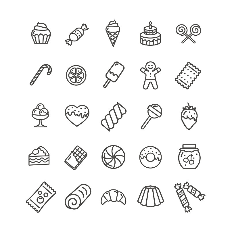 面包店,线条,图标,细的,矢量,黑色,糖果店,糖果,巧克力,纸杯蛋糕