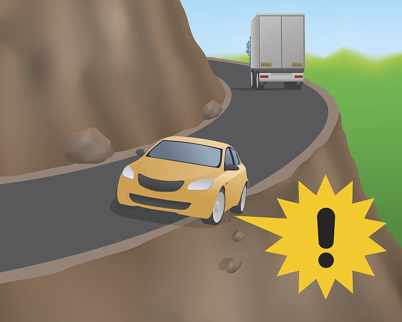 悬崖,矢量,绘画插图,交通,在活动中,谷边,轿车,脊,山崩,碰撞