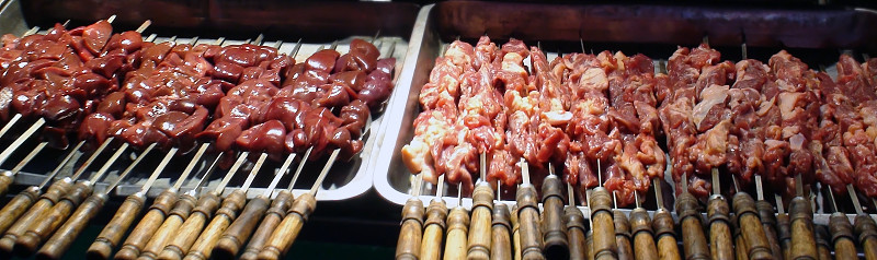 西安,串肉签,市场,亚洲,中国,肝脏,商品,当地著名景点,鸡肉,快餐车