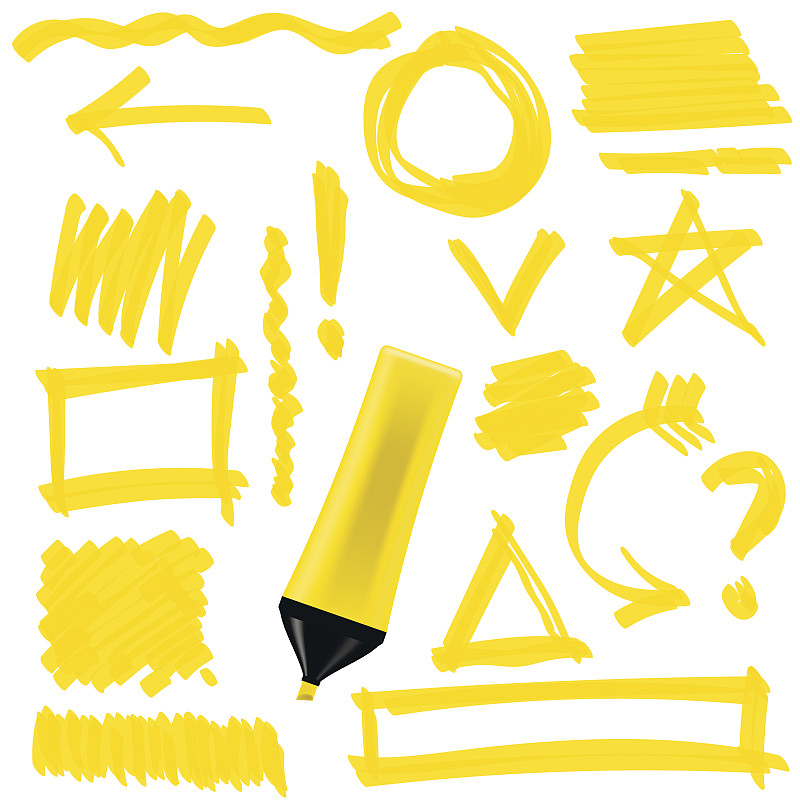 黄色,距离标记,分离着色,挑染,荧光笔,钢笔和麦克笔画,疤,粘的,潦草,铅笔