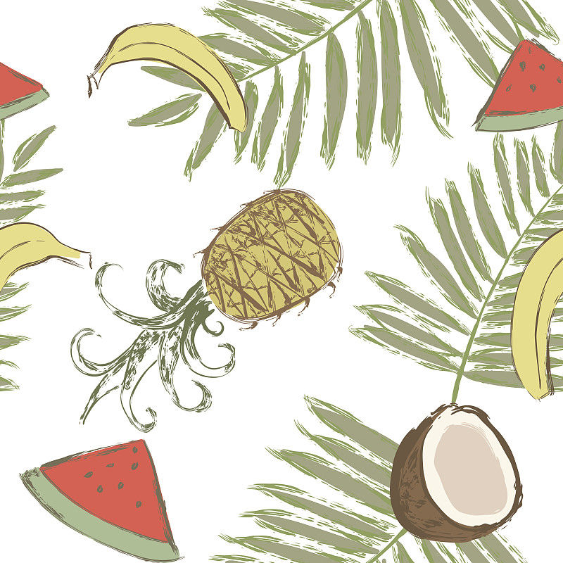 椰子,西瓜,四方连续纹样,香蕉,菠萝,棕榈叶,椰子树,轮廓线画,食品,现代