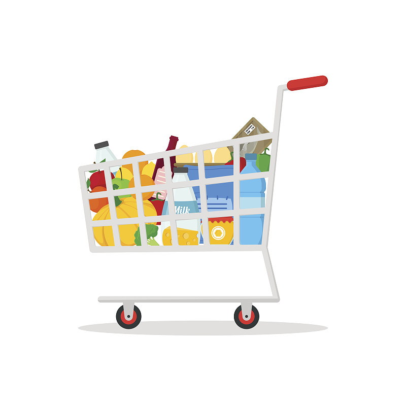购物车,矢量,商品,充满的,牛奶瓶,食品杂货,顾客,绘画插图,符号,超级市场