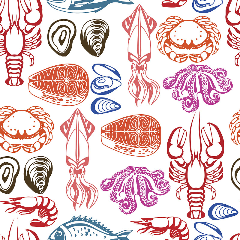 鱼类,海产,绘画插图,甲壳动物,多样,四方连续纹样,穆塞尔堡,章鱼,巨形章鱼,红色章鱼