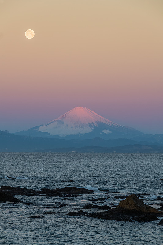 富士山,早晨,海洋,月球,月亮,火山地形,垂直画幅,水,天空,美