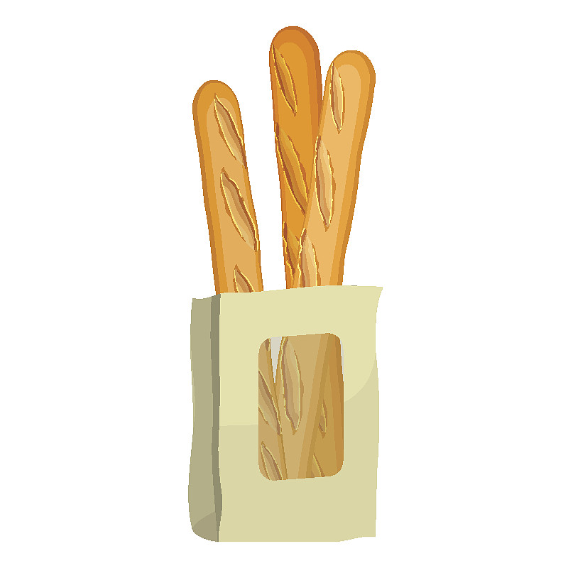 法式长棍面包,纸,白色背景,分离着色,长面包,纸袋,食品杂货,绘画插图,面包,白色