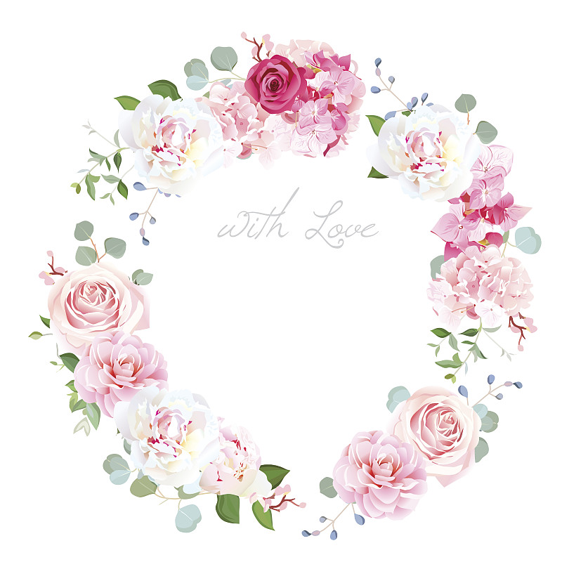 脆弱,边框,圆形,矢量,婚礼,八仙花属,玫瑰,花环,牡丹,粉色