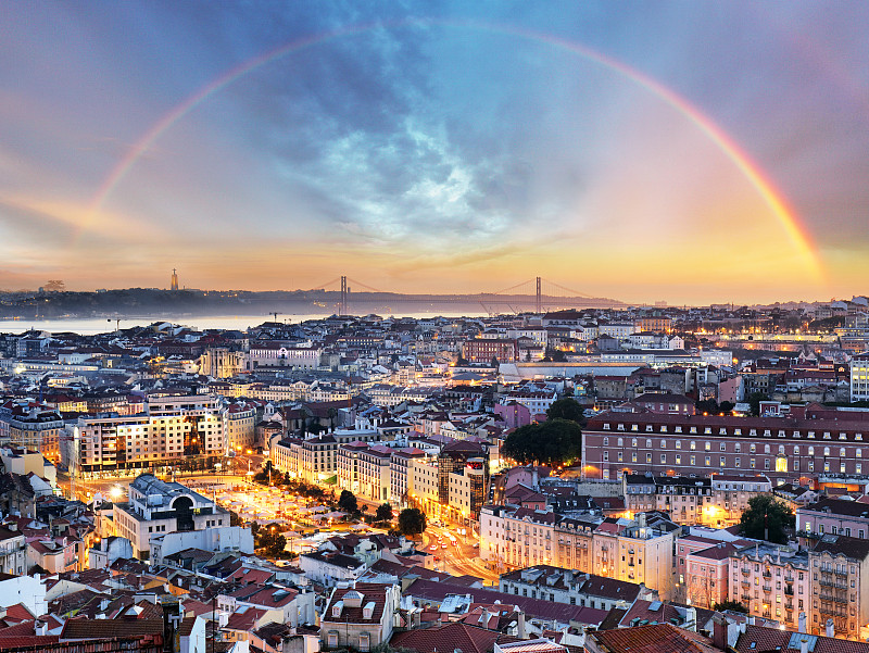 里斯本,彩虹,都市风景,葡萄牙,阿尔法玛地区,城堡,欧洲,传统,曙暮光,黄昏