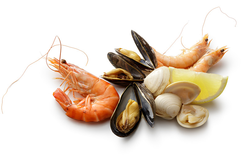 海产,贻贝,蛤蚌,虾,明虾,白色背景,分离着色,甲壳动物,牡蛎,鱼类