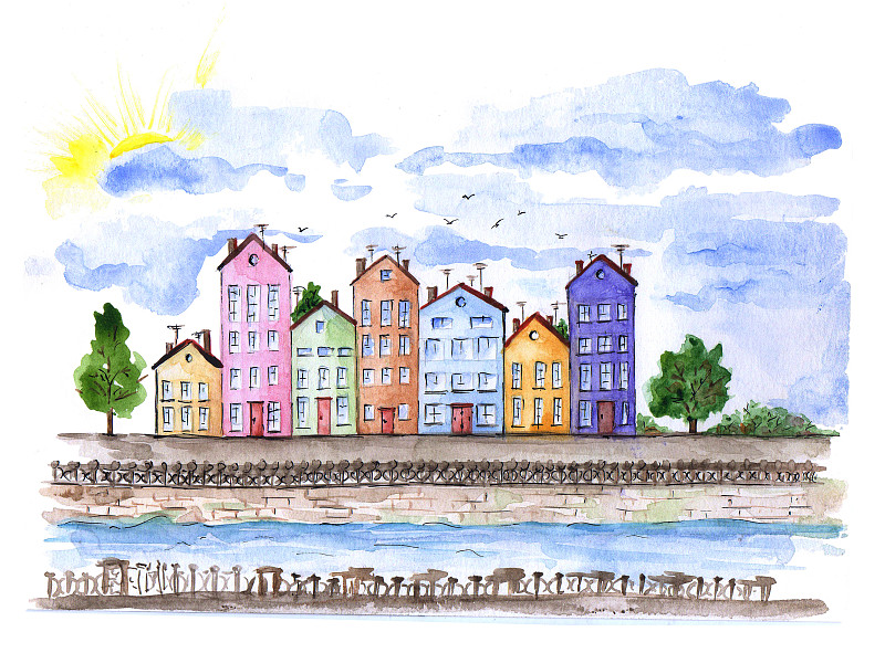 河流,丹麦,滨水,房屋,二等兵,水彩画,都市风光,水彩画颜料,传统,旅途