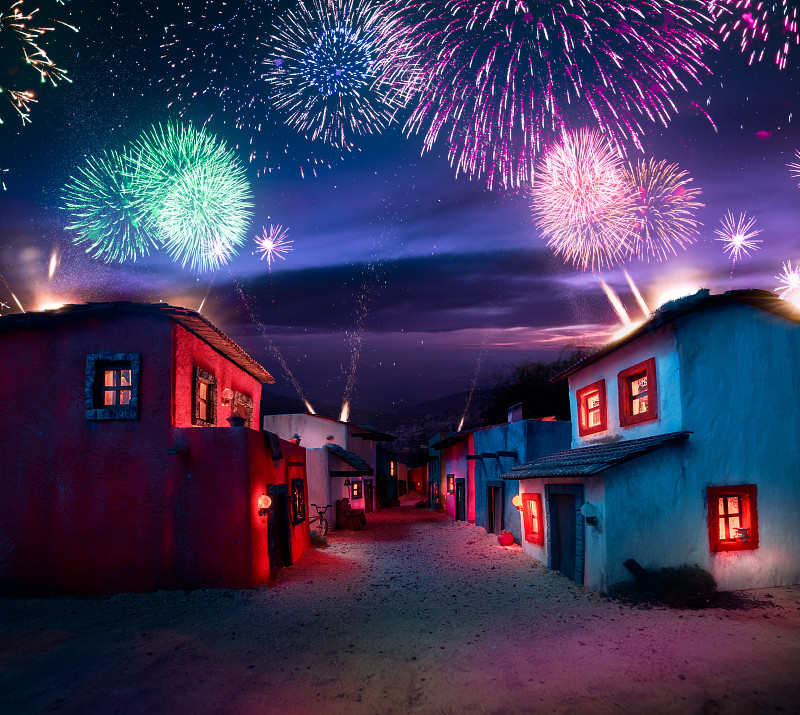 焰火,乡村,夜晚,建筑模型,墨西哥,放焰火,城镇,传统节日,周年纪念,多色的