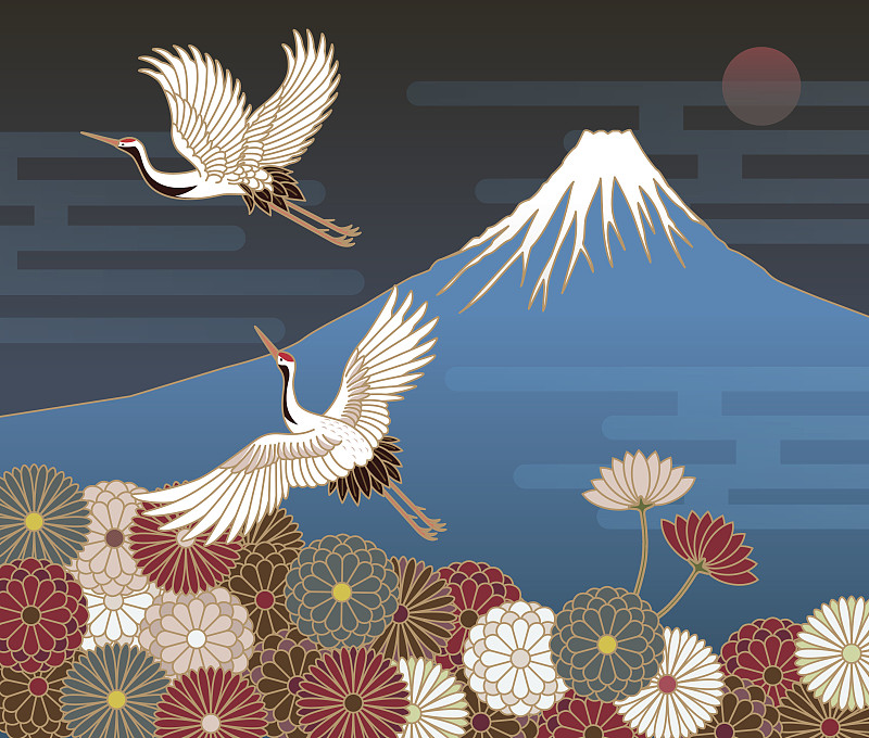 富士山,鹤,日本,菊花,传统,式样,植物叶柄,张开翅膀,深蓝,花
