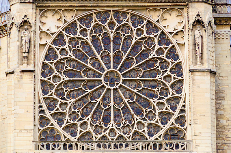 圆花窗,巴黎圣母院,彩色玻璃,哥特式风格,圆形,外立面,水平画幅,无人