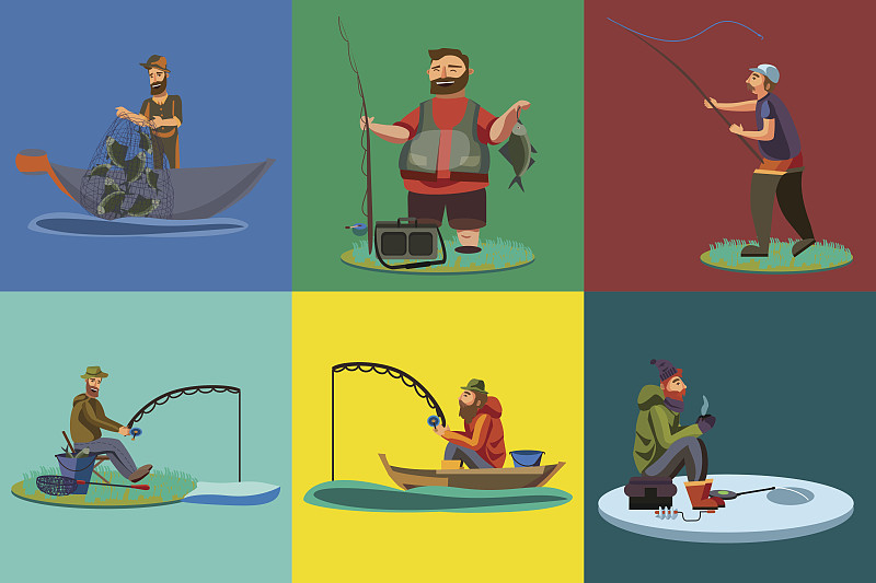 渔夫,鱼网,钓竿,业余爱好,鱼类,水,绘画插图,性格,卡通,男人