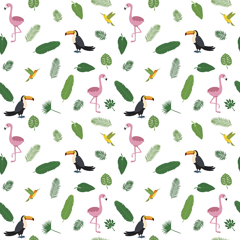 巨嘴鸟,四方连续纹样,蜂鸟,火烈鸟,粉色,绿色,棕榈叶,鸡尾酒,自然荒野区,热带植物图案