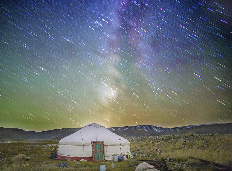 星迹,蒙古包,蒙古,阿尔泰山脉,自然,帐篷,水平画幅,夜晚,无人,星星