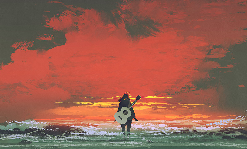 吉他,女人,海洋,丙稀画,吉他手,水彩画,音乐,水彩画颜料,一个人,黄昏
