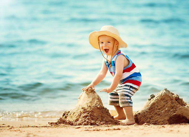 海滩,草帽,男孩,沙子,进行中,嬉戏的,婴儿,周末活动,旅途,热