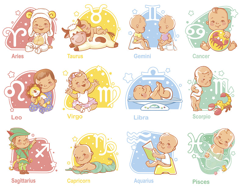 婴儿,星座,十二宫图,可爱的,幼儿,风,艺术,水平画幅,绘画插图,符号