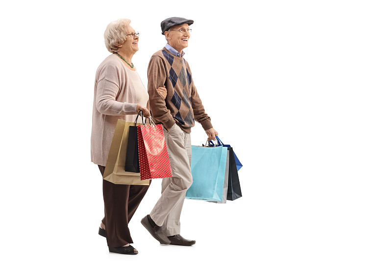 购物袋,老年伴侣,全身独立,购物篮,全身像,白人,购物狂,70到90岁,水平画幅,顾客