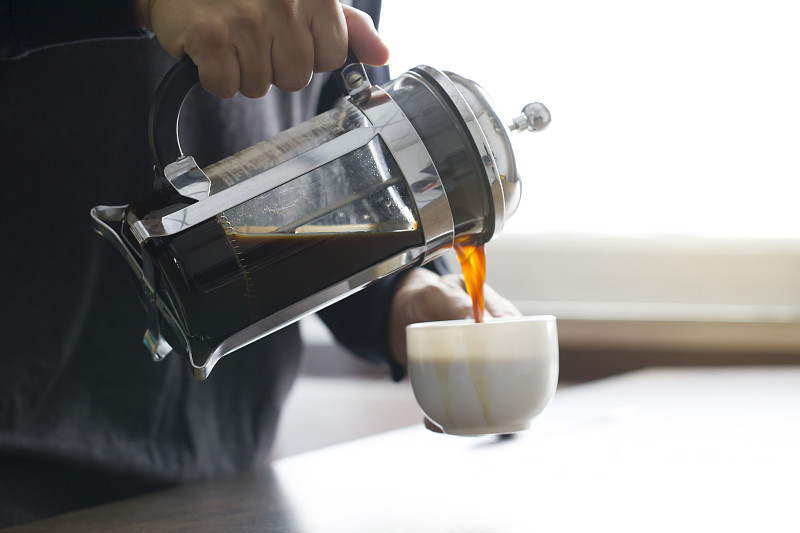 滤压壶,咖啡,活塞,沸腾的,咖啡师,机敏,早晨,褐色,热,咖啡杯