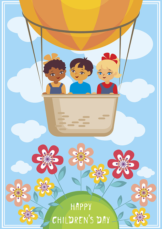 儿童节,垂直画幅,天空,贺卡,绘画插图,气球,夏天,卡通,反差,全球通讯