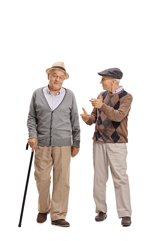 老年男人,两个人,注视镜头,手杖,全身独立,全身像,男性友谊,古老的,白色背景,背景分离