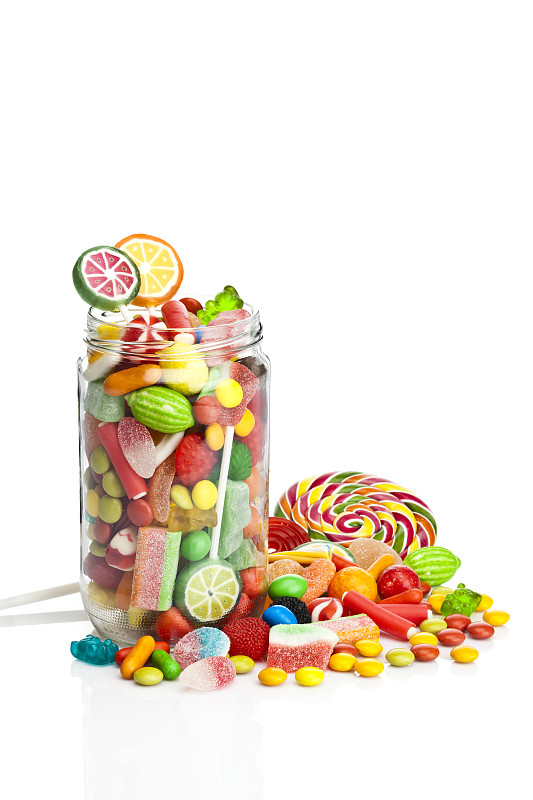糖果罐,白色背景,什锦糖混合物,软糖,糖果,硬糖,果味软糖,广口瓶,丰富,棒棒糖