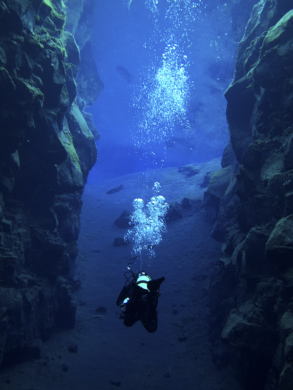 Scuba,Diving,at,Silfra,,Iceland,in,Dry,Suits,at,the,Continental,Divide,at,the,Tingvellir,National,Park,in,Iceland.,Glacial,runoff,water,(fresh,water).,0,Celsius.