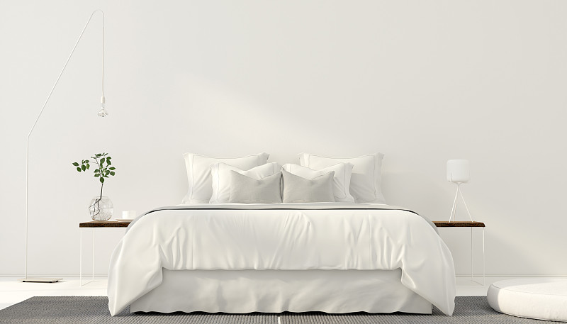 卧室,极简构图,白色,室内,枕头,软垫,落地灯,床,床上用品