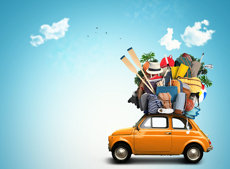 行李,大量物体,手提箱,旅途,幽默,夏天,汽车,堆,家庭,车站