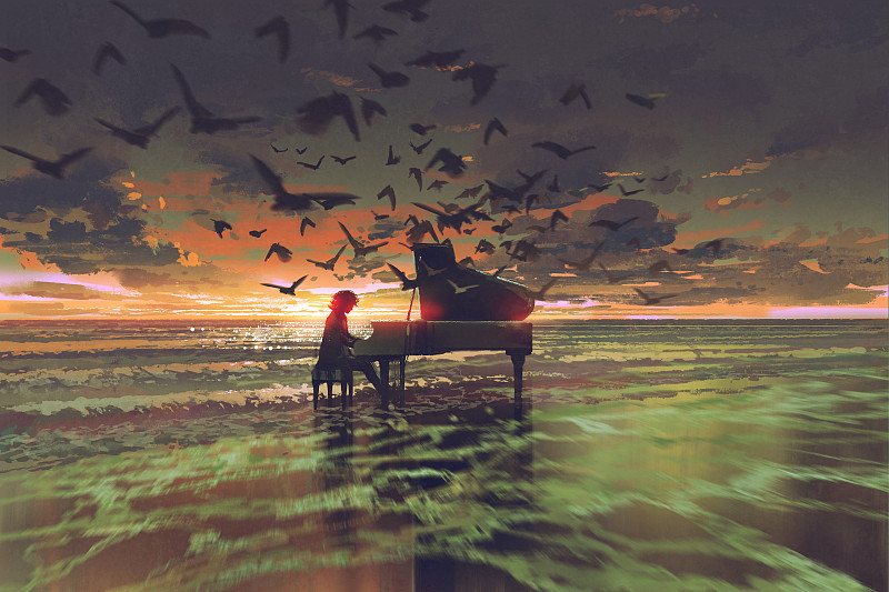 钢琴师,海滩,男人,乌鸦,音乐人,水彩画,音乐,钢琴,水彩画颜料,艺术家
