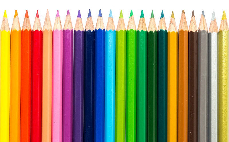 彩色铅笔,白色背景,成一排,校友团聚,蜡笔,成人教育,学校用品,色板,光谱色,大量物体