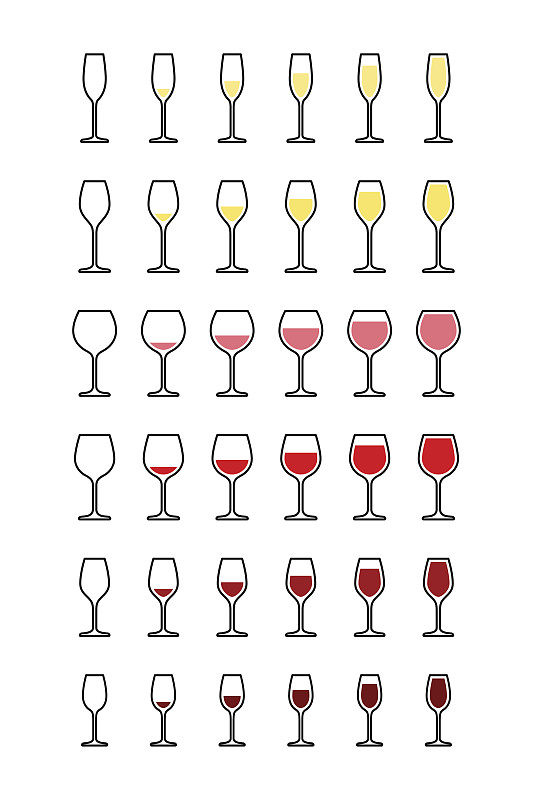 葡萄酒杯,充满的,成一排,空的,空杯子,白葡萄酒,香槟杯,一半的,不完全的,香槟
