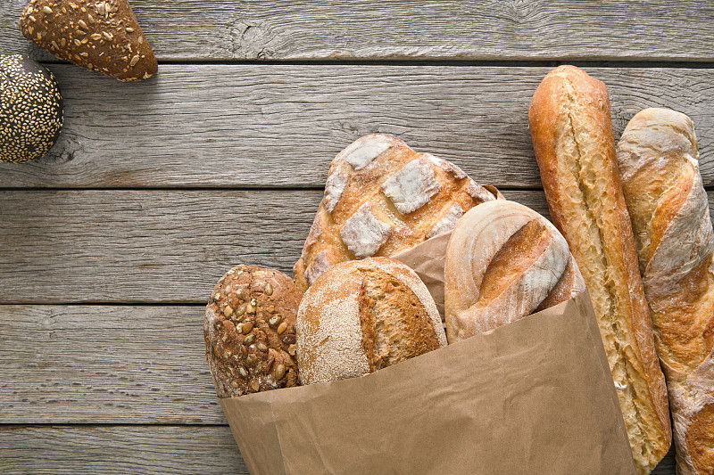 面包,面包店,乡村风格,木制,小麦,谷类,褐色,白色,纸袋,法式长棍面包