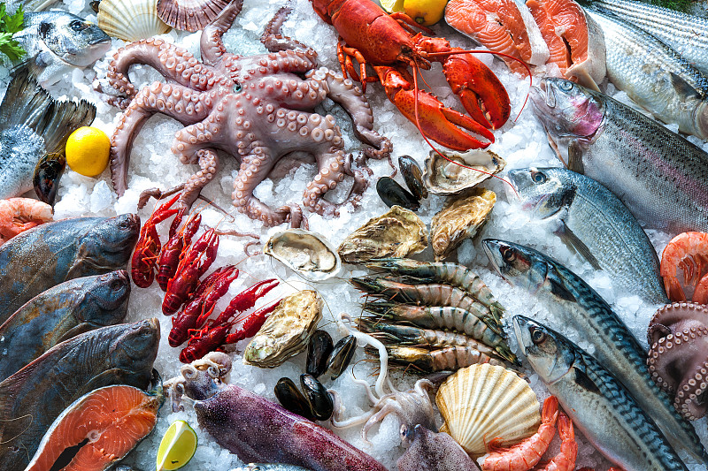 海产,碎冰,捕捞鱼,gilthead,bream,甲壳动物,鱼类,黑鲈,龙虾,鲭鱼,蛤蚌