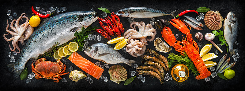 捕捞鱼,海产,gilthead,bream,甲壳动物,龙虾,鱼类,螃蟹,生食,鲑鱼,三文鱼