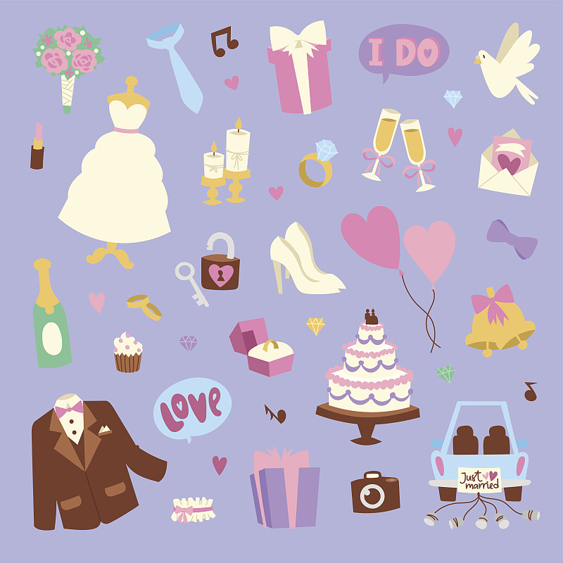 婚礼,绘画插图,卡通,矢量,符号,宠物美容师,结婚蛋糕,理毛行为,铃,新郎