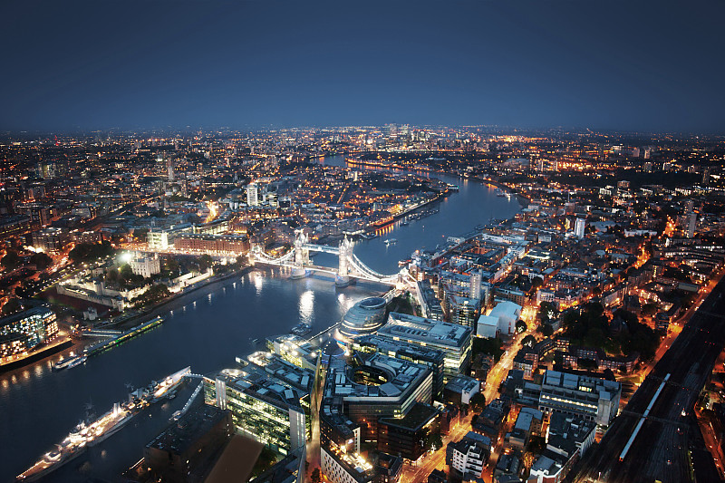 伦敦,航拍视角,英国,塔桥,伦敦城,夜晚,都市风景,城市天际线,城市,全景