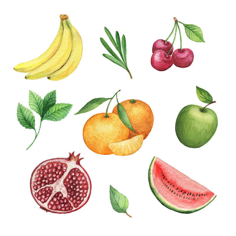 水果,有机食品,分离着色,白色背景,水彩画,草本,石榴,苹果派,水彩画颜料,官吏