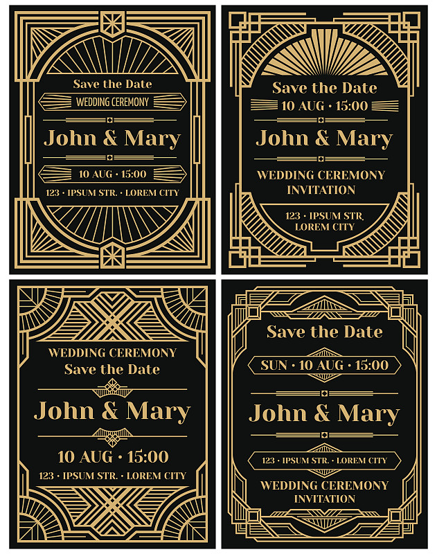 art,deco风格,矢量,现代,简单,结婚请柬,黑色边框,请柬,边框,结婚庆典,式样