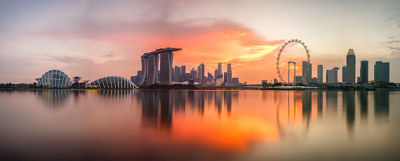 新加坡,城市天际线,新加坡市,时间,滨海湾,,滨海湾公园,圆顶建筑,游艇码头,滨水,散步道
